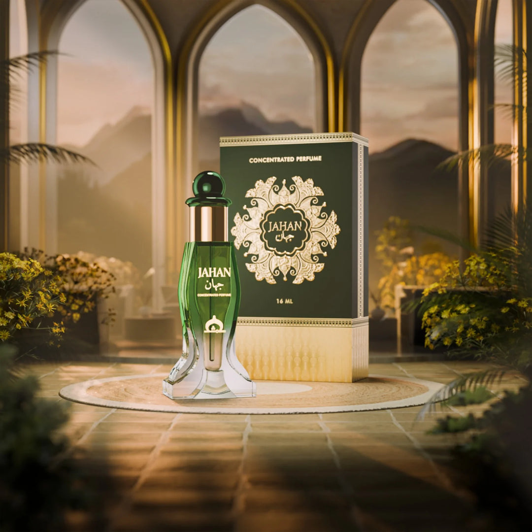 Jahan concentrated perfume by Musk Al Mahal with premium green fragrance bottle and luxury perfume box