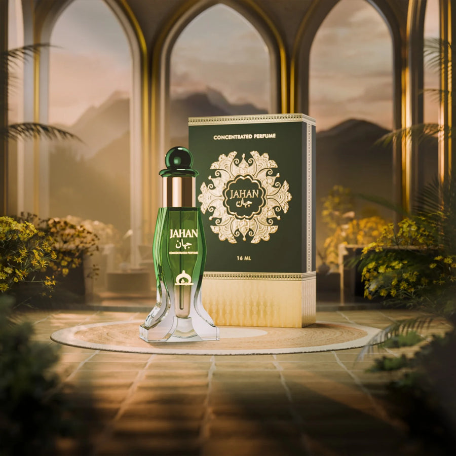 Jahan concentrated perfume by Musk Al Mahal with premium green fragrance bottle and luxury perfume box