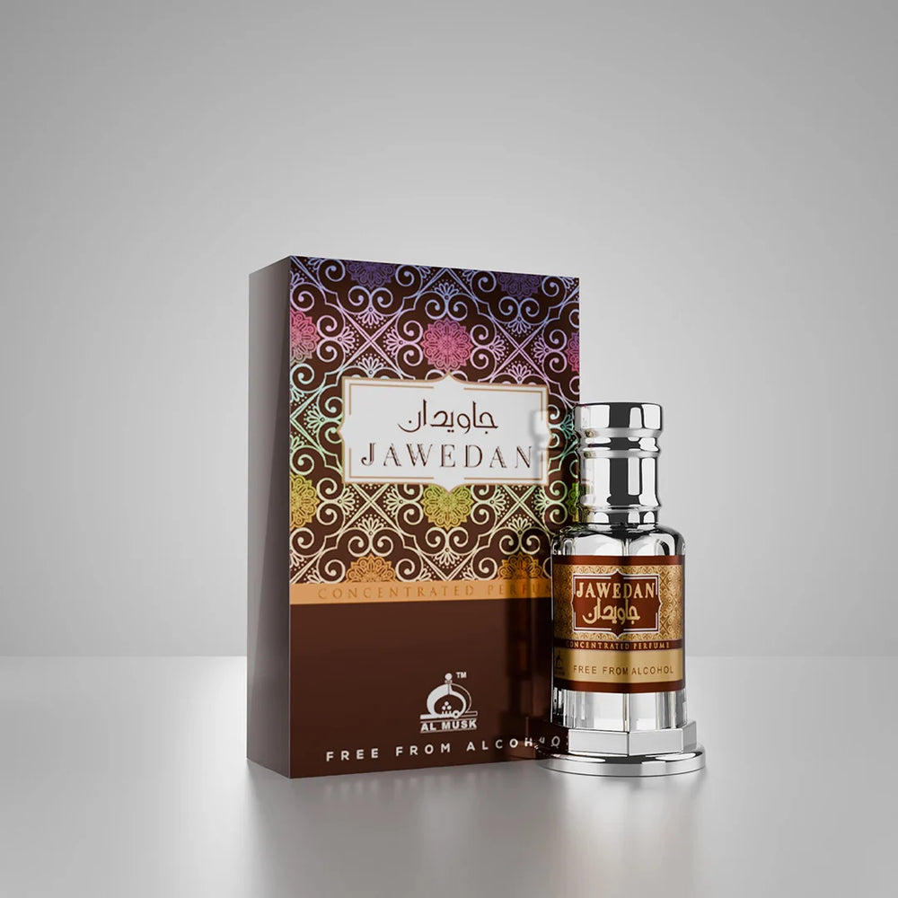 Jawedan concentrated perfume bottle and box in an elegant warm interior setting
