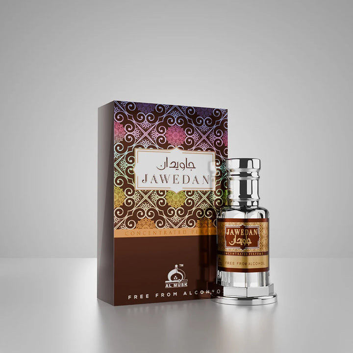 Jawedan concentrated perfume bottle and box in an elegant warm interior setting
