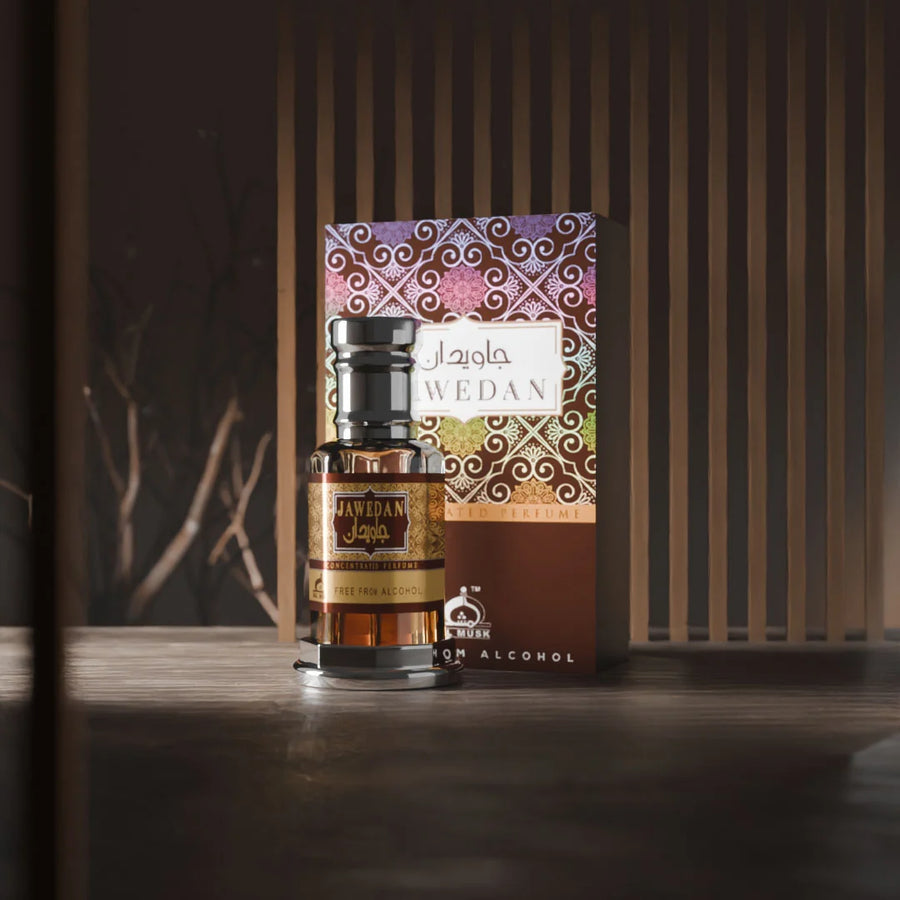 Jawedan concentrated perfume bottle and box in an elegant warm interior setting
