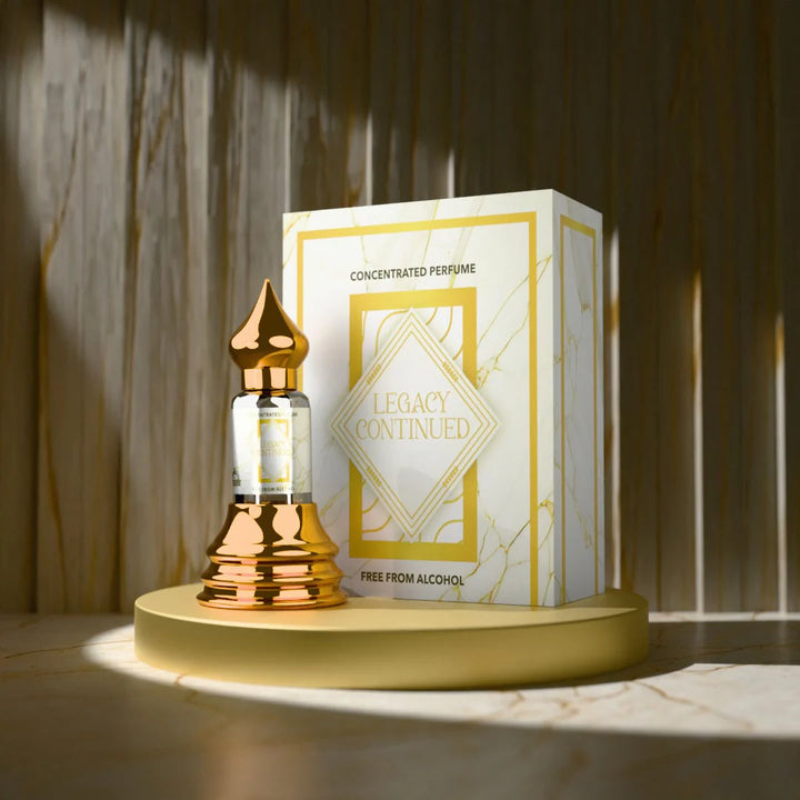Legacy Continued concentrated perfume by Musk Al Mahal with elegant gold fragrance bottle and luxury perfume box
