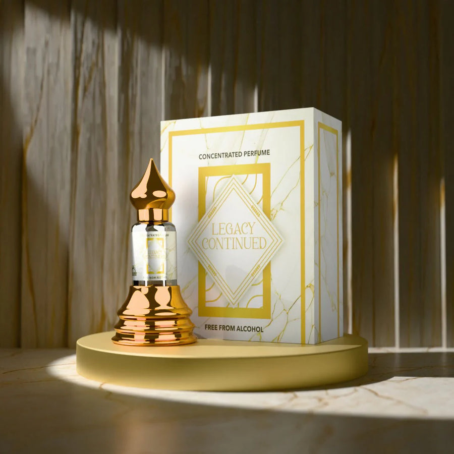 Legacy Continued concentrated perfume by Musk Al Mahal with elegant gold fragrance bottle and luxury perfume box