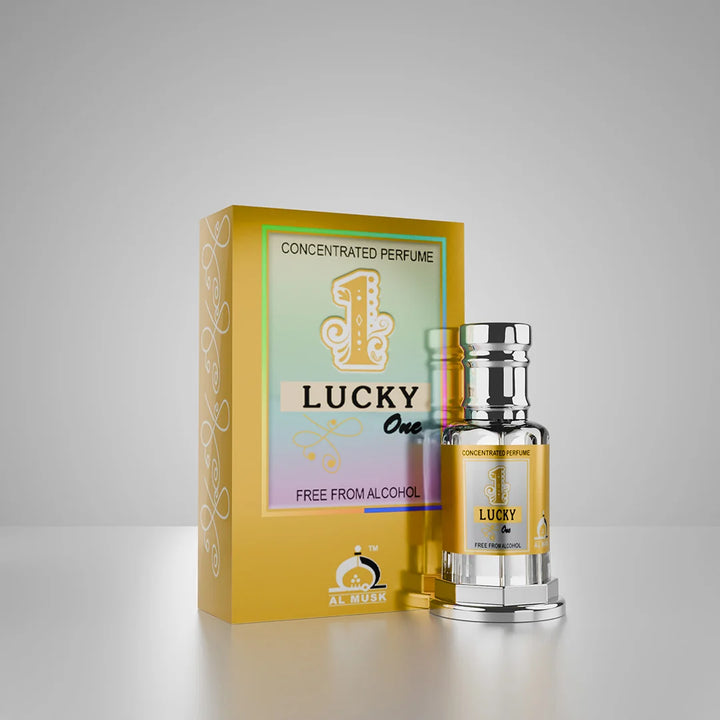 Lucky One concentrated perfume bottle and box in a golden luxury setting