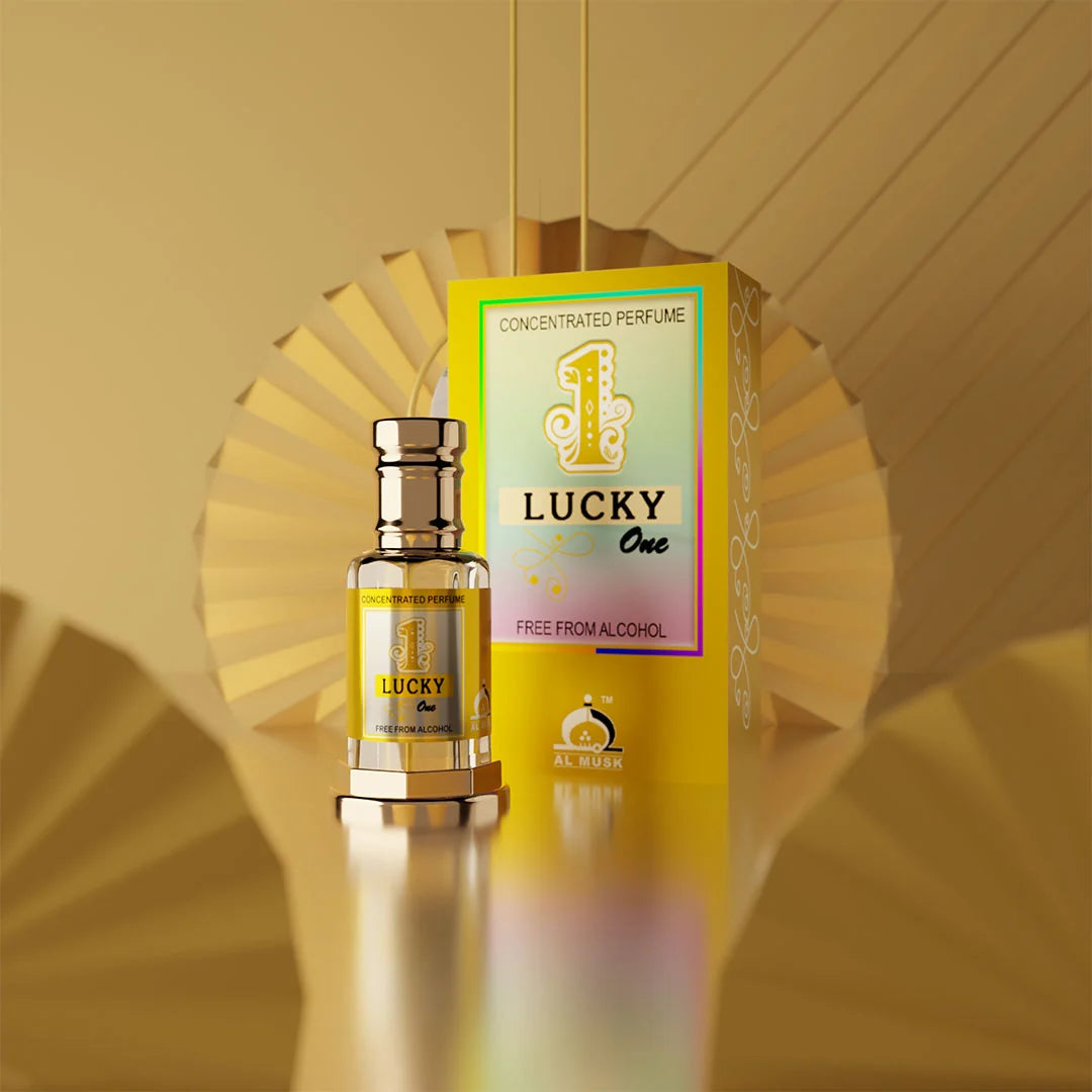 Lucky One concentrated perfume bottle and box in a golden luxury setting