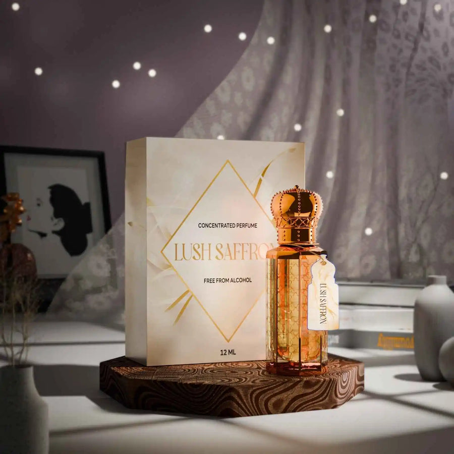 Lush Saffron concentrated perfume by Musk Al Mahal with premium saffron fragrance bottle and luxury packaging