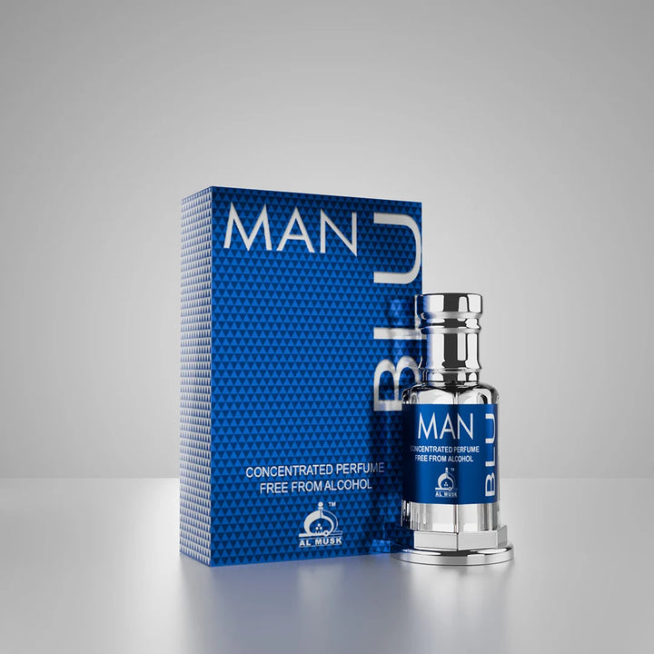 Man Blue concentrated perfume bottle and box surrounded by icy blue water under a bright sky
