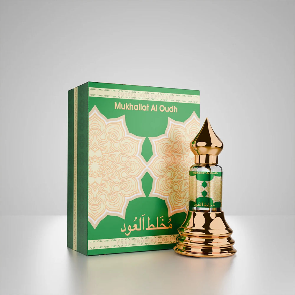 Mukhallat Al Oudh concentrated perfume with matching green and gold perfume box 01