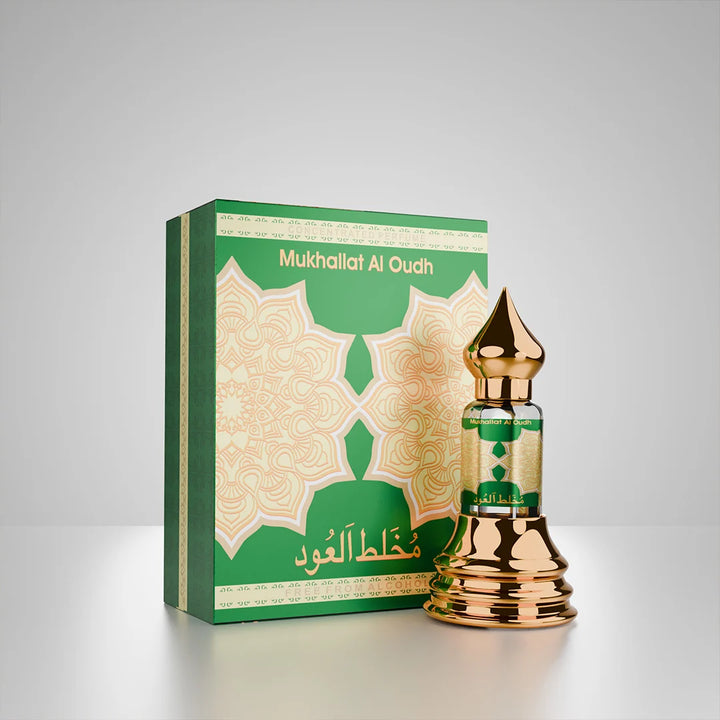 Mukhallat Al Oudh concentrated perfume with matching green and gold perfume box 01