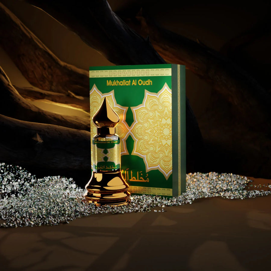 Mukhallat Al Oudh concentrated perfume with matching green and gold perfume box