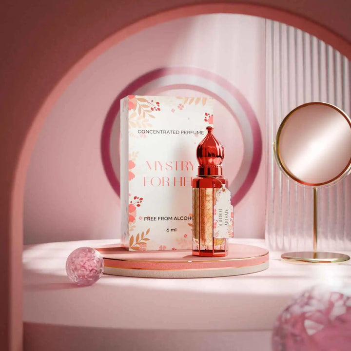 Mystery For Her concentrated perfume for women by Musk Al Mahal with elegant floral fragrance bottle and box