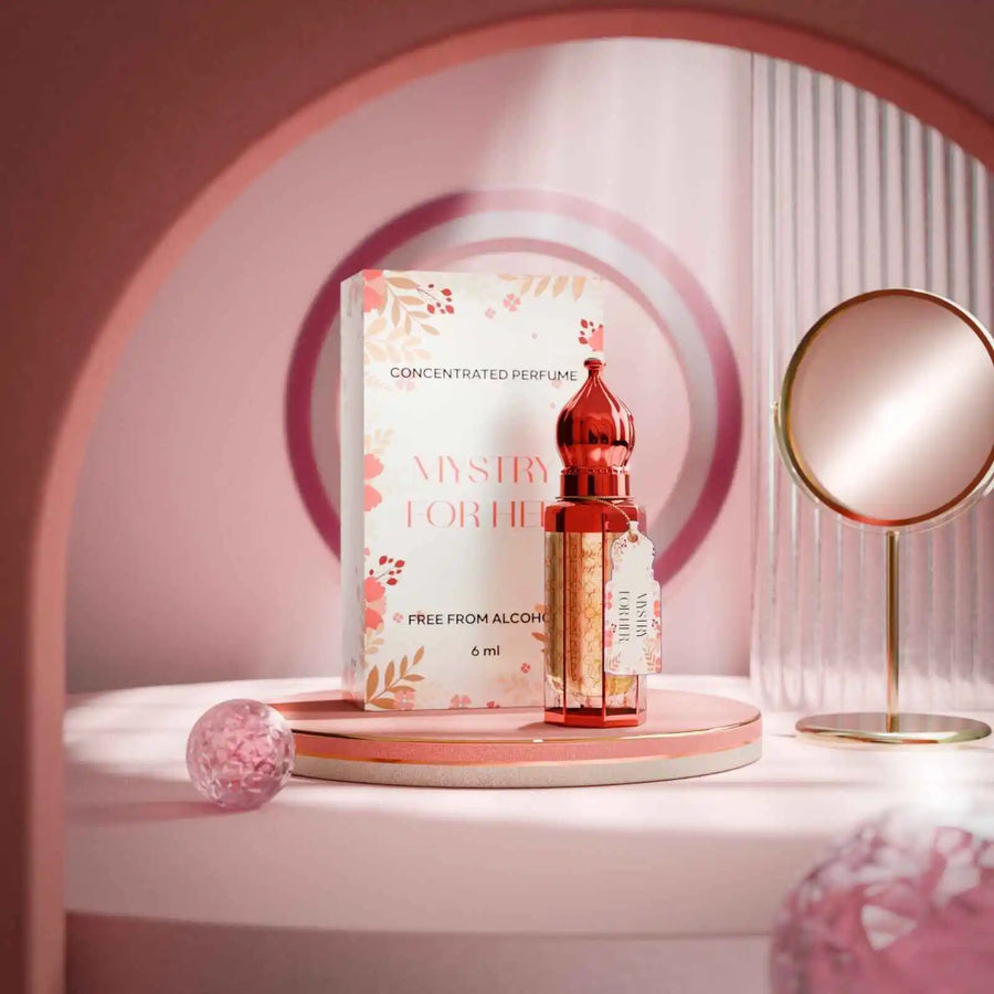 Mystery For Her concentrated perfume for women by Musk Al Mahal with elegant floral fragrance bottle and box