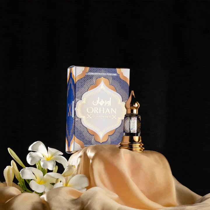 Orhan concentrated perfume attar with elegant blue and gold perfume box