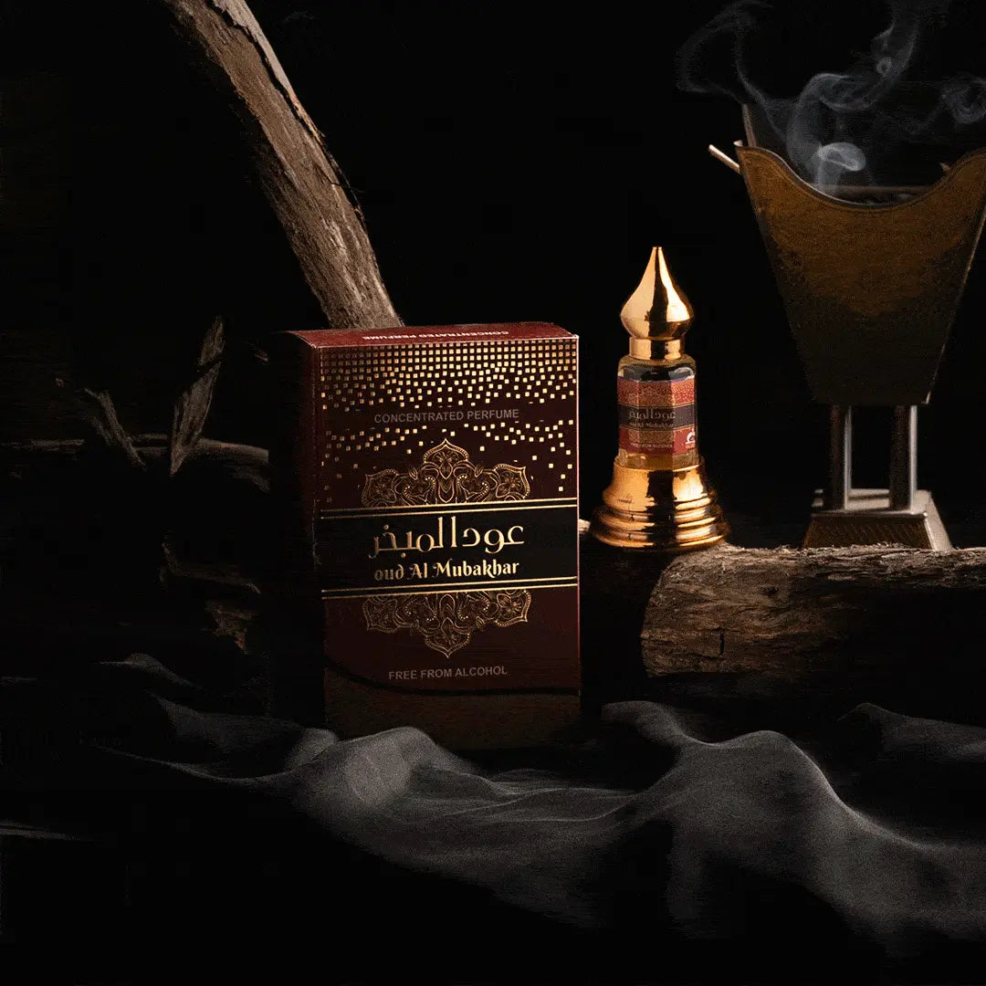 Oud Al Mubakhar concentrated perfume with matching dark brown perfume box