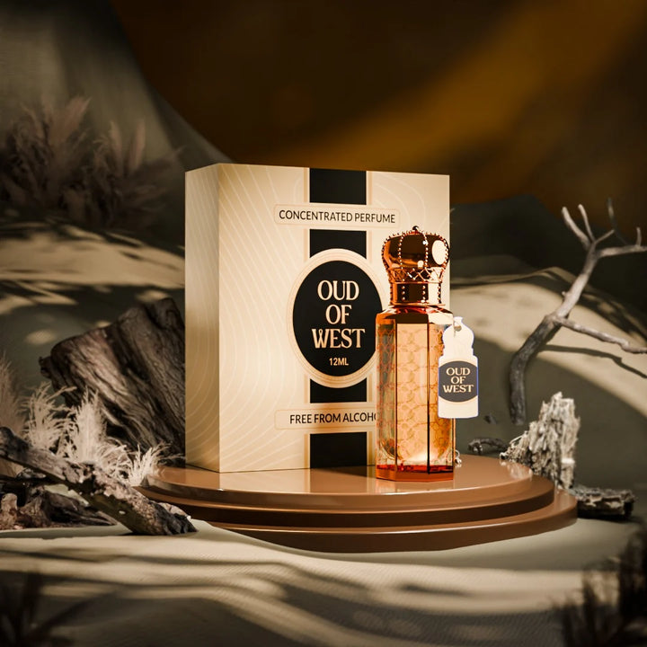 Oudh Of West concentrated perfume by Musk Al Mahal with luxury oud fragrance bottle and premium perfume box