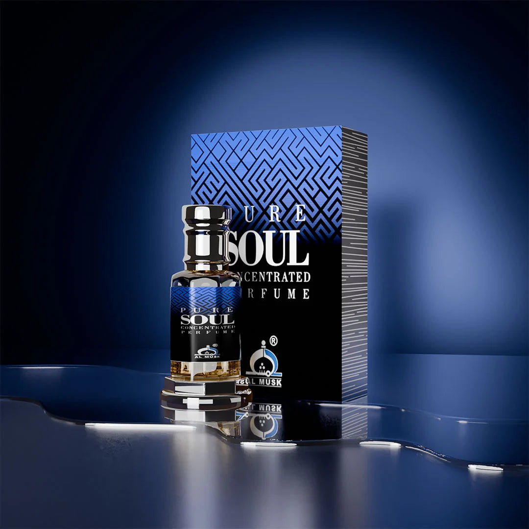 Pure Soul concentrated perfume by Musk Al Mahal with premium blue fragrance bottle and luxury perfume box