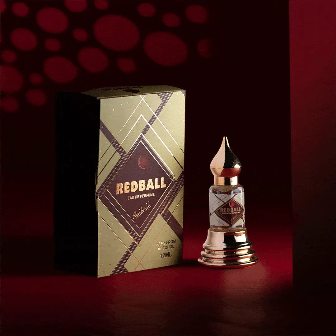 Red Ball premium perfume attar oil with matching Red Ball perfume box