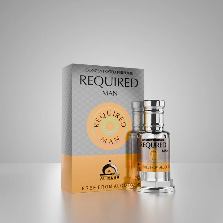 Required Man concentrated perfume bottle and box on a black luxury surface