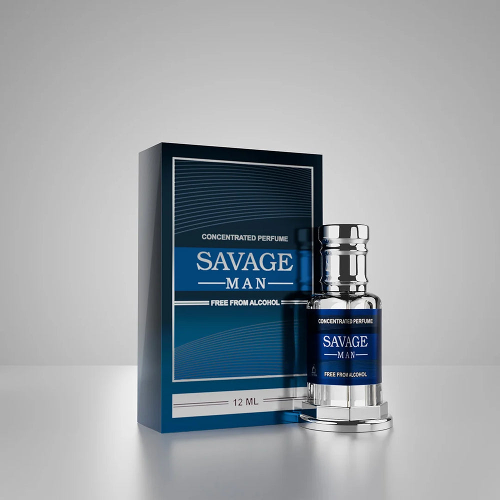Savage Man concentrated perfume bottle and box against a dramatic blue mountain landscape 01