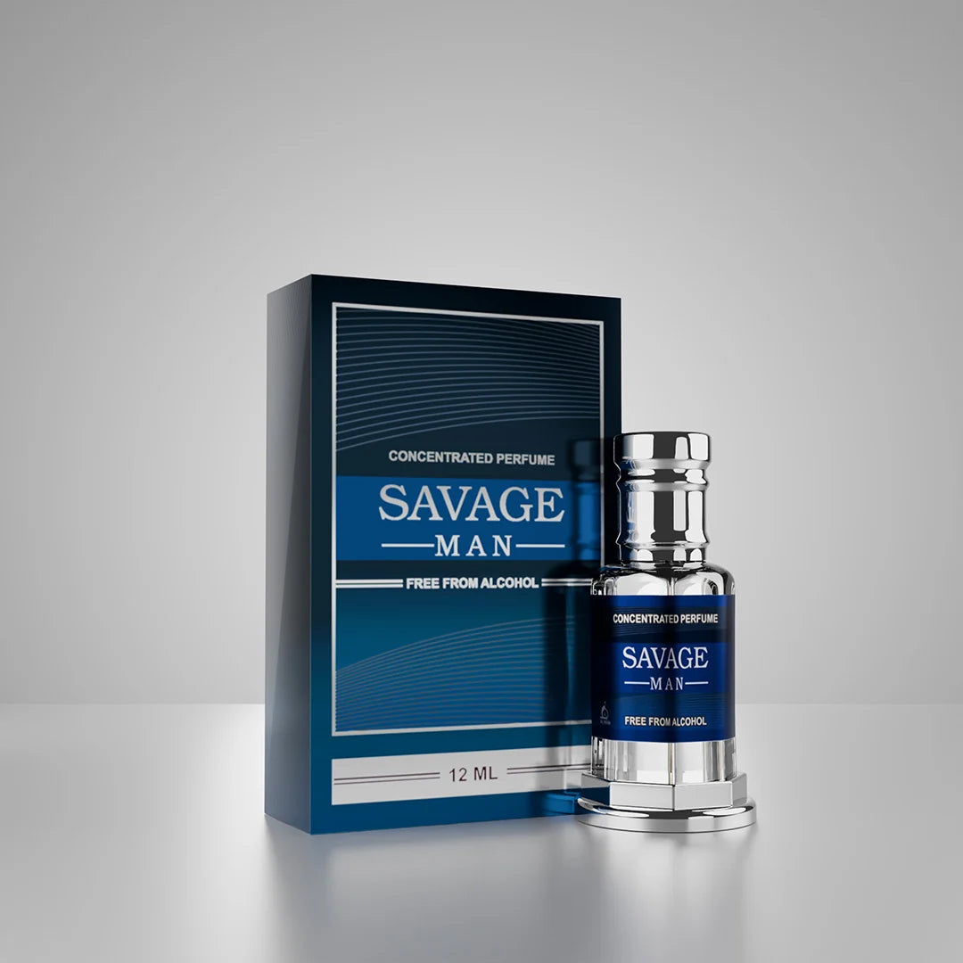 Savage Man concentrated perfume bottle and box against a dramatic blue mountain landscape 01