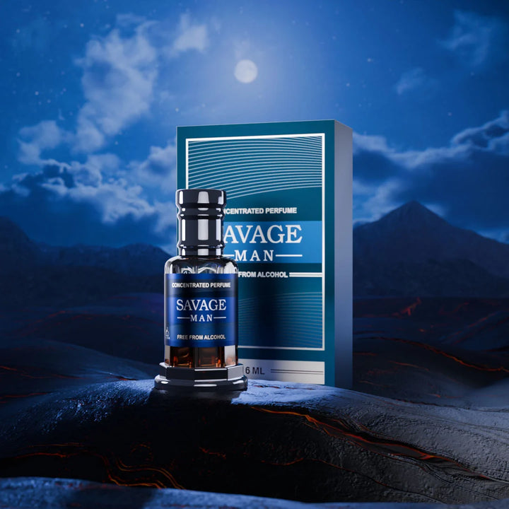 Savage Man concentrated perfume bottle and box against a dramatic blue mountain landscape