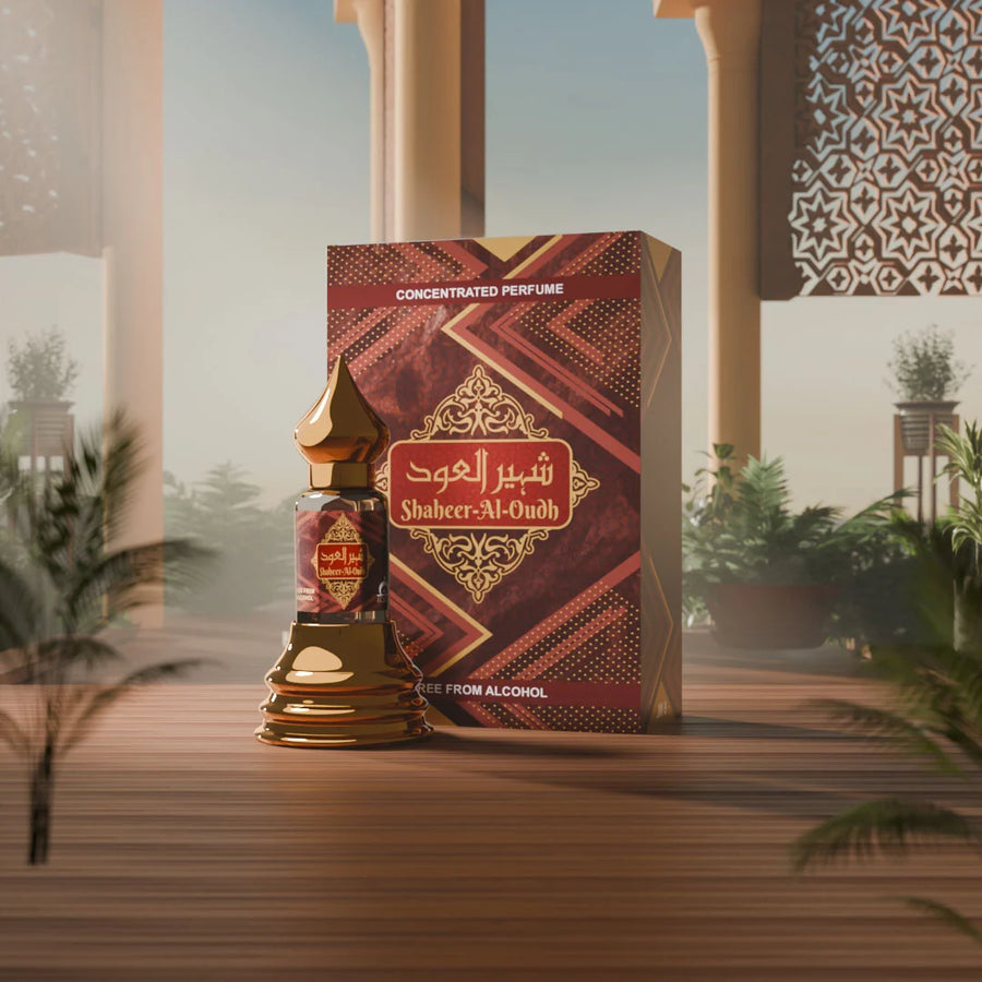 Shaheer Al Oudh concentrated perfume with matching red and gold perfume box