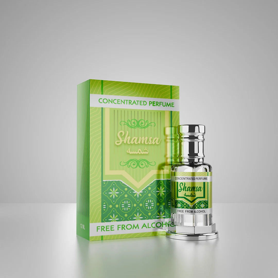 Shamsa concentrated perfume bottle and box with smoke in a dark natural setting