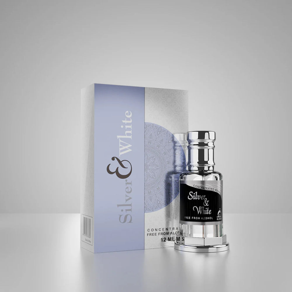 Silver and White concentrated perfume bottle and box in a natural mountain meadow setting 01
