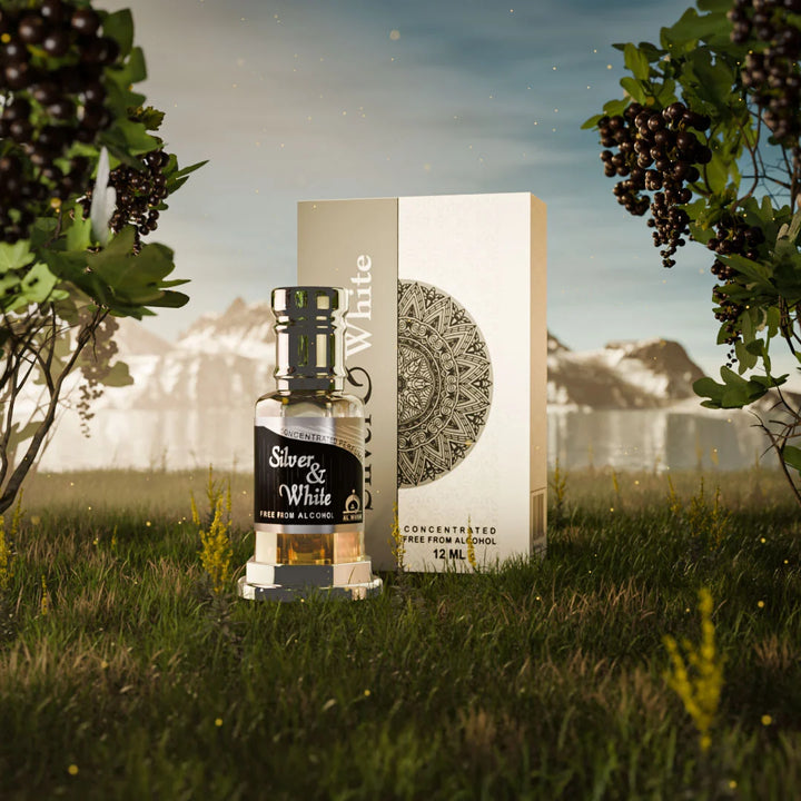 Silver and White concentrated perfume bottle and box in a natural mountain meadow setting