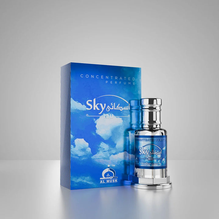 Sky Blu concentrated perfume bottle and box surrounded by clouds on a blue display pedestal 01