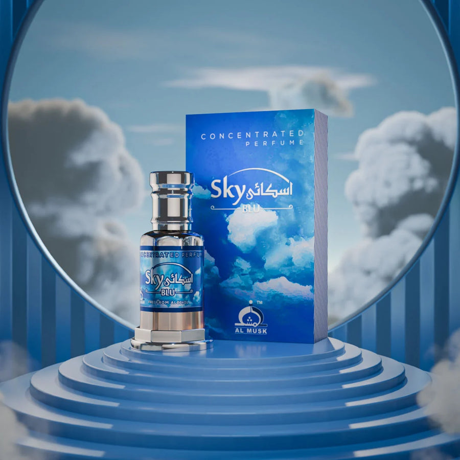 Sky Blu concentrated perfume bottle and box surrounded by clouds on a blue display pedestal