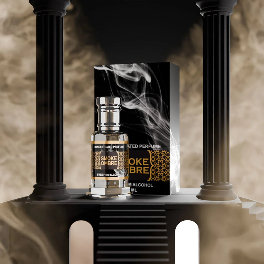 Smoke Ombre concentrated perfume bottle and box displayed between classic black columns