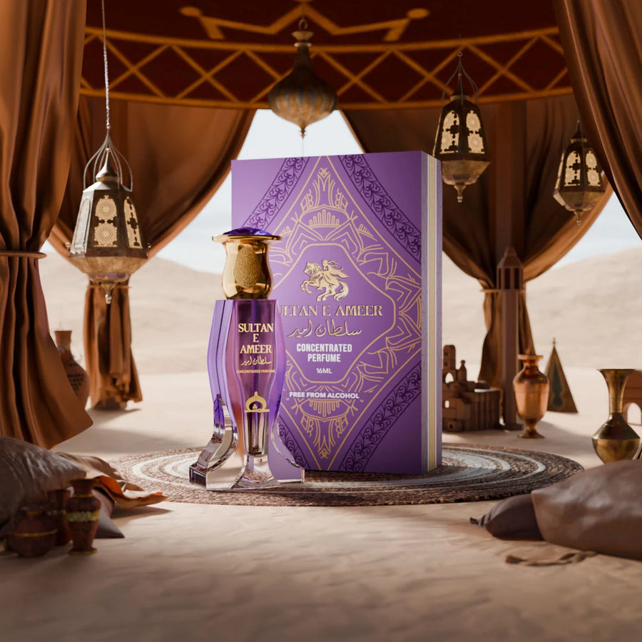 Sultan E Ameer concentrated perfume by Musk Al Mahal with royal purple perfume bottle and luxury fragrance box