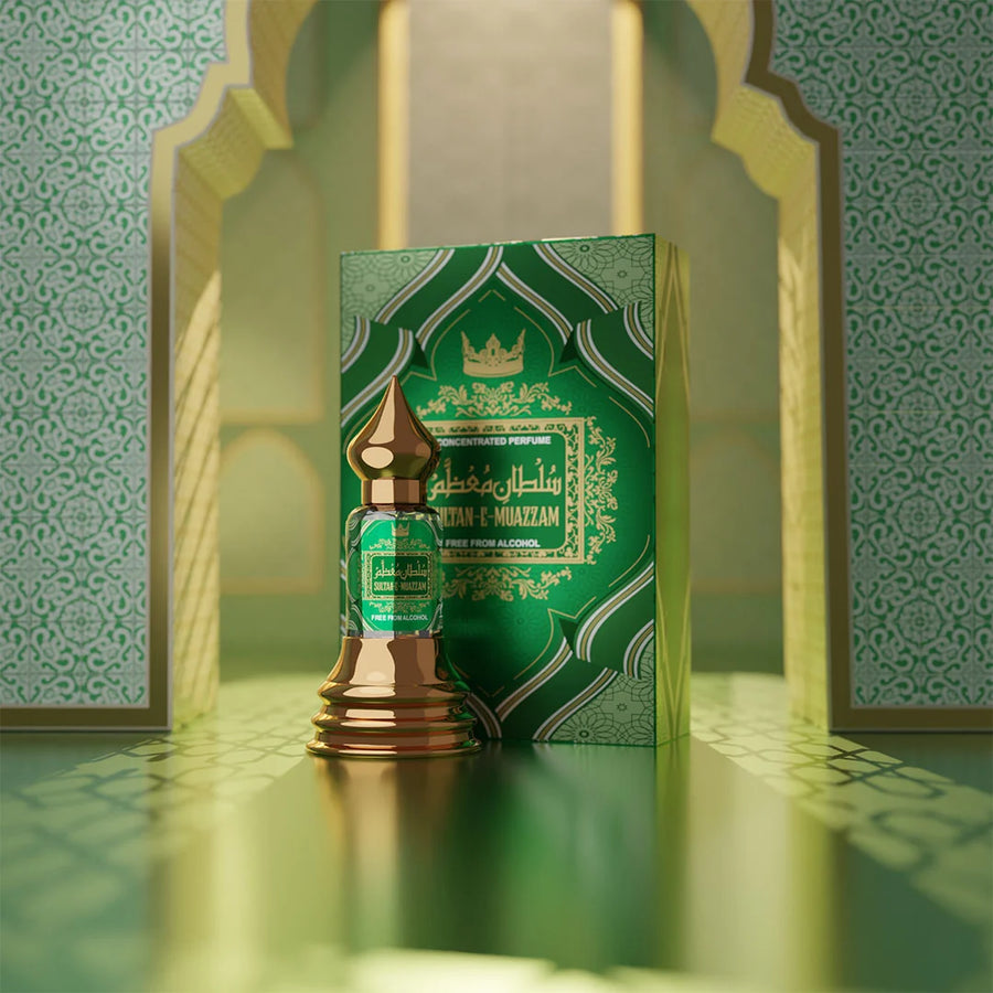 Sultan E Moazzam concentrated perfume with matching green and gold perfume box