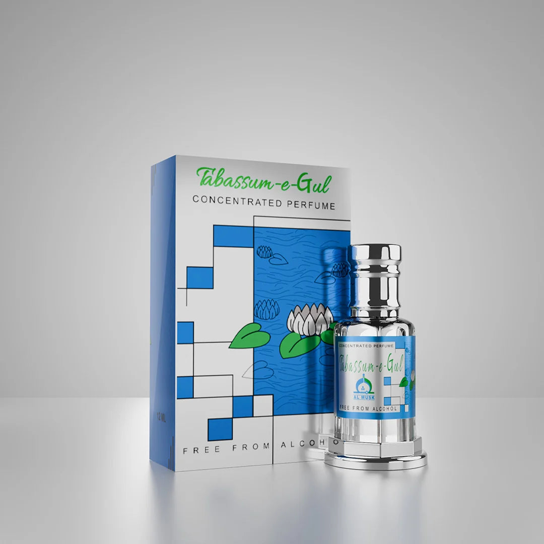 Tabassum-e-Gul concentrated perfume bottle and box surrounded by white flowers