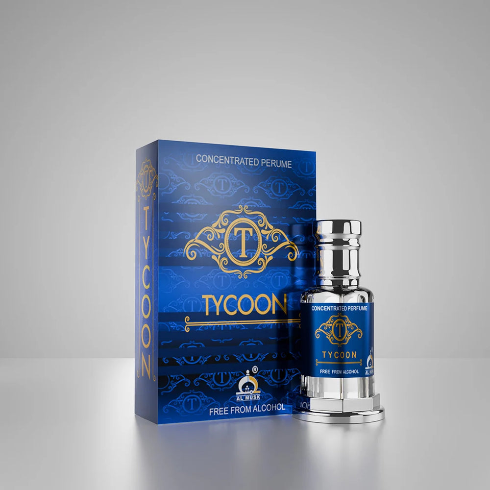 Tycoon concentrated perfume with matching blue and gold perfume box in a modern blue light setting 01
