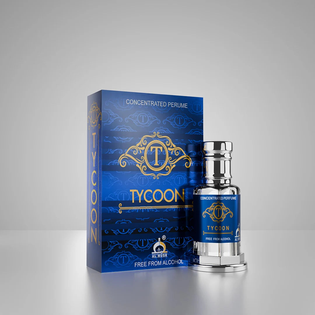 Tycoon concentrated perfume with matching blue and gold perfume box in a modern blue light setting 01