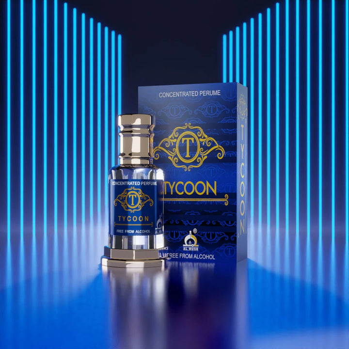 Tycoon concentrated perfume with matching blue and gold perfume box in a modern blue light setting