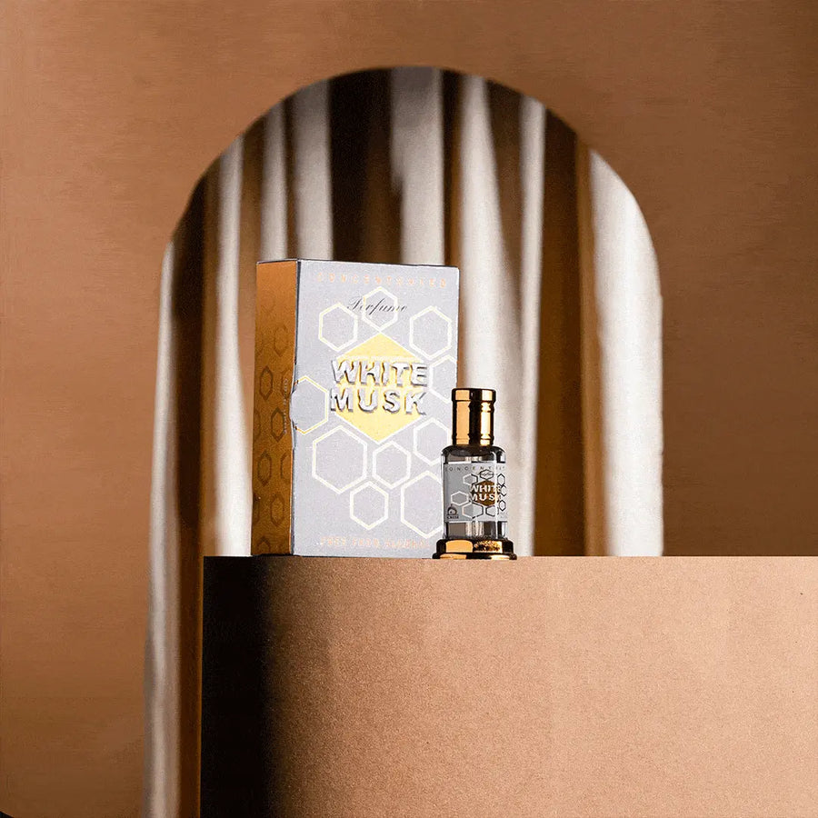 White Musk concentrated perfume with matching white and gold perfume box