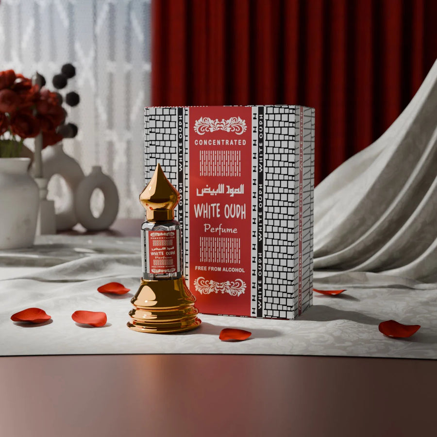 White Oudh concentrated perfume with matching red and white perfume box