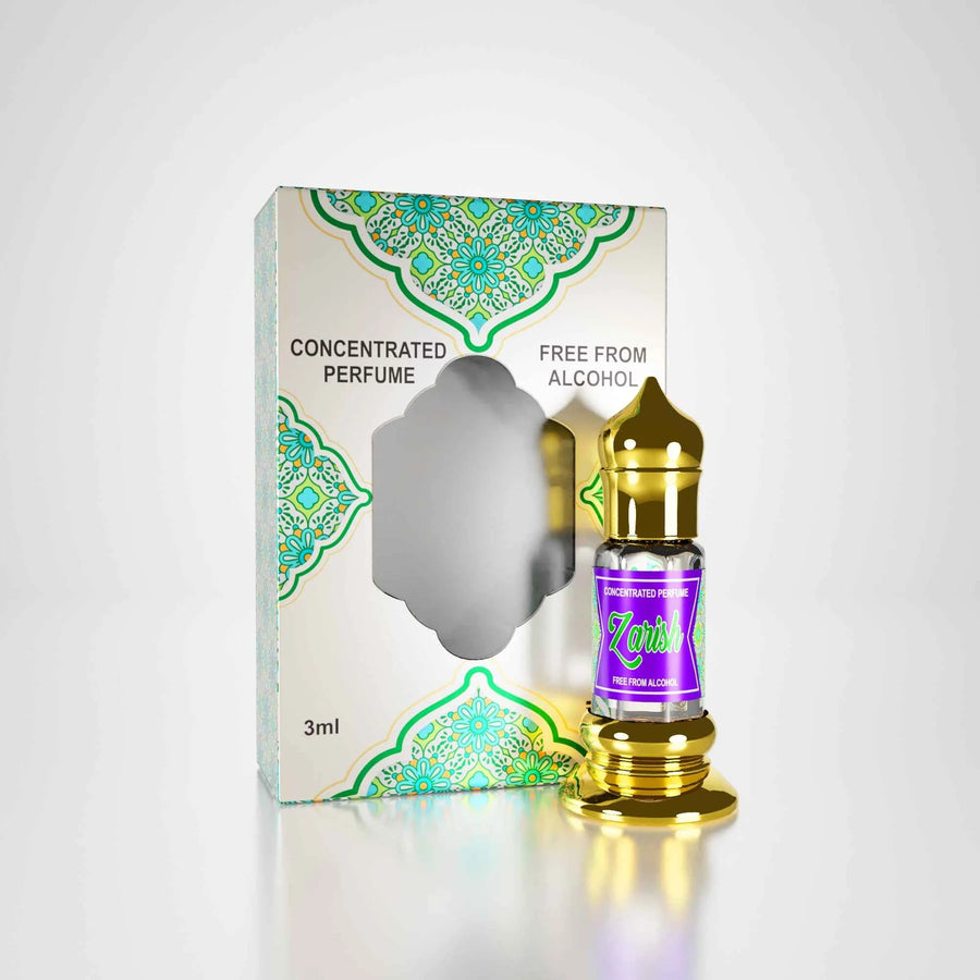 Zarish concentrated perfume by Musk Al Mahal with elegant purple fragrance bottle and luxury perfume box
